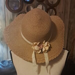 Beinvenu Away Tan Hat with Pink/Cream Floral And Lace Papyrus Detail Cottagecore